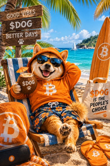AI-generated image of a Shiba Inu dog wearing sunglasses, an orange Bitcoin hoodie, and patterned shorts, relaxing on a beach chair with cryptocurrency props ($DOG sign, Bitcoin beach towel, surfboard) and a sign reading 'GOOD VIBES $DOG BETTER DAYS'.