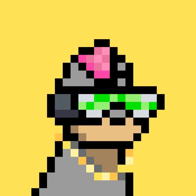 Pixel art of a character wearing green visor-style goggles and a pink accessory, set against a yellow background.