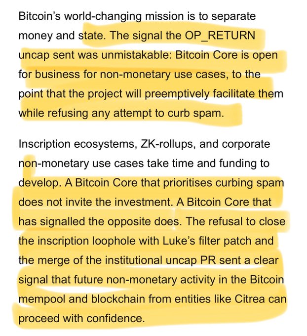 A highlighted passage of text discussing Bitcoin's mission to separate money and state, referencing OP_RETURN, inscriptions, ZK-rollups, Luke's filter patch, and Citrea.