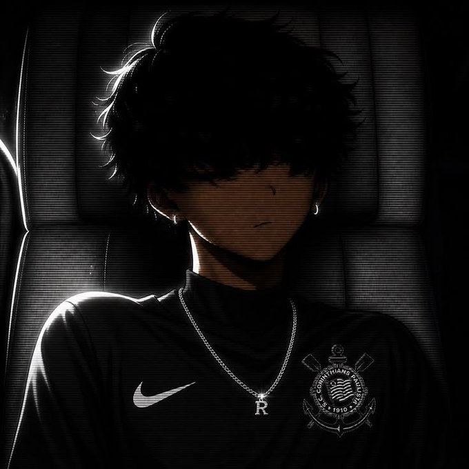 A dark, moody anime-style illustration of a person with messy black hair wearing a black Nike shirt with a Corinthians club crest and an 'R' necklace.