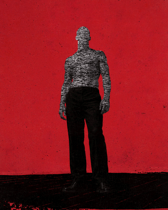 A stylized illustration depicts a figure in black pants whose head and torso are obscured by gray static or censorship, set against a bold red background.