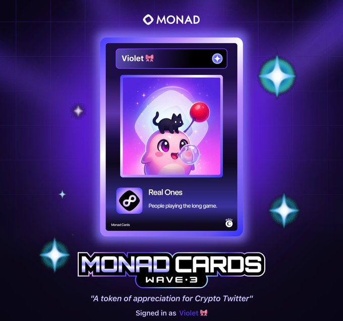 A digital trading card from Monad Cards Wave 3 features a pink ghost character with a black cat on its head holding a balloon, labeled 'Violet' and 'Real Ones - People playing the long game.'