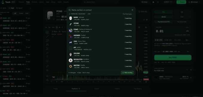 A dark-themed cryptocurrency trading interface displays a 'Trending Searches' dropdown listing tokens like MASK, STORK, FOMO, HOOKED, and ONC.