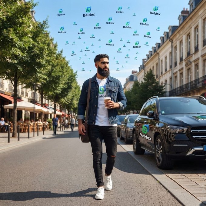 A bearded man in a denim jacket holds a coffee cup on a European street, with numerous floating "Beldex" logos in the sky and a branded Beldex SUV parked nearby.