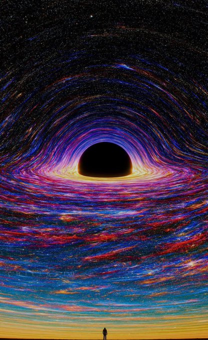 A surreal digital artwork depicts a lone silhouetted figure standing before a massive black hole surrounded by a swirling, colorful accretion disk of purple, blue, red, and gold against a starry sky.