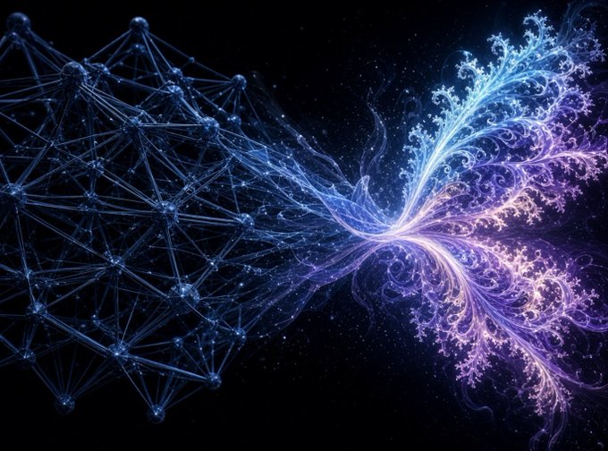 A digital artwork showing a blue geometric network structure on the left transforming into a glowing purple and pink fractal butterfly on the right.
