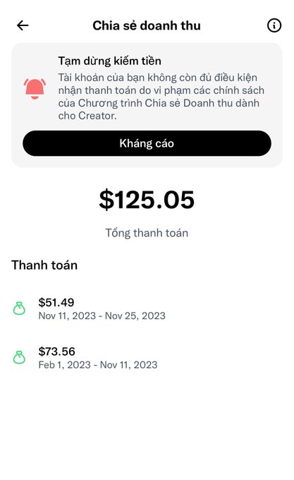 This image displays a mobile screenshot of a revenue sharing dashboard showing a total payout of $125.05, but with a notification stating "Tạm dừng kiếm tiền" (Monetization paused) due to policy violations. The image visualizes the user's frustration mentioned in the caption regarding their inability to resume earning after returning to the platform.