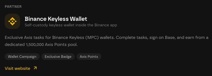 A webpage section for 'Binance Keyless Wallet' by partner Axis, describing self-custody keyless wallet inside the Binance app with an exclusive campaign offering 1,500,000 Axis Points.