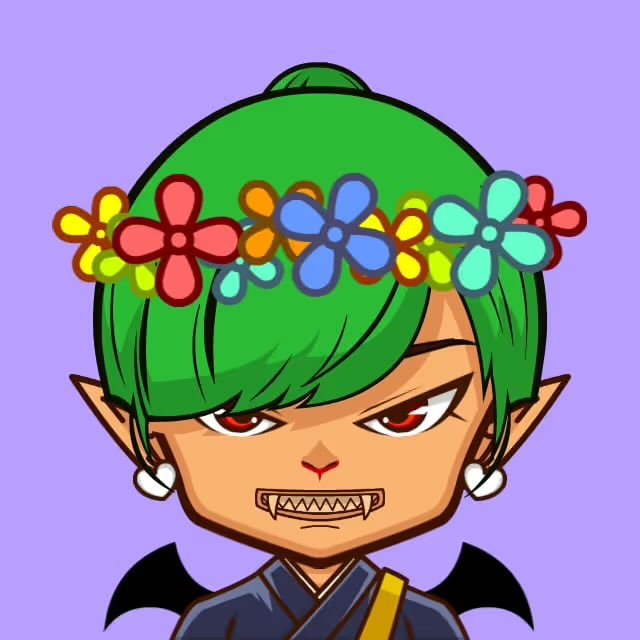 Anime-style illustration of an elf-like character with green hair, pointed ears, red eyes, fangs, skull earrings, bat wings, and a colorful flower crown on a purple background.