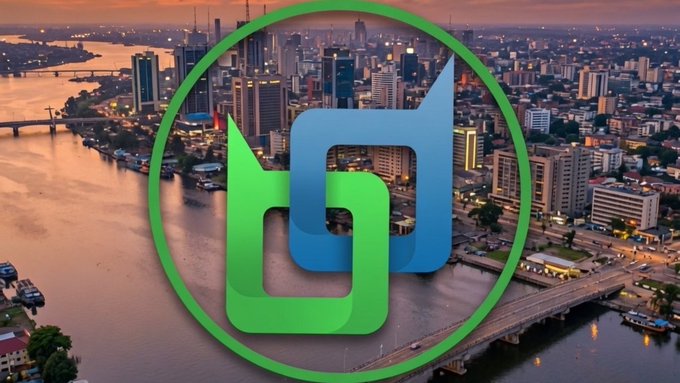 A green and blue logo superimposed on an aerial view of a city skyline with bridges over a body of water.