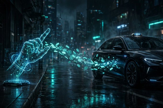A futuristic digital artwork showing a holographic hand pointing at a dark car, with glowing teal digital particles flowing between them on a rainy city street.