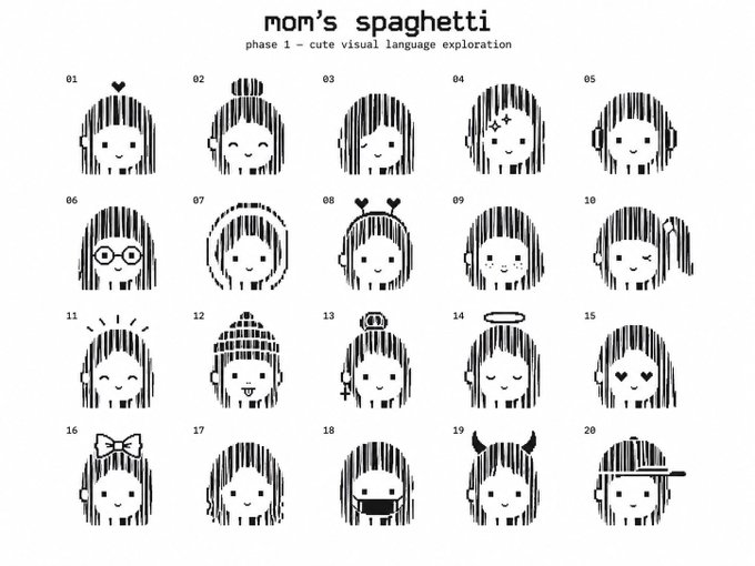 A design reference sheet titled 'mom's spaghetti – phase 1 – cute visual language exploration' displaying 20 variations of a barcode-style girl face with different expressions, hairstyles, and accessories like glasses, horns, halos, and headphones.