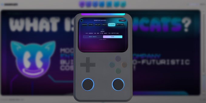 A handheld gaming device displaying a cryptocurrency wallet interface is shown against a blurred background featuring a smiling cat logo with the text 'WHAT IS' and 'CATS?' along with 'MOON','FUTURISTIC'.