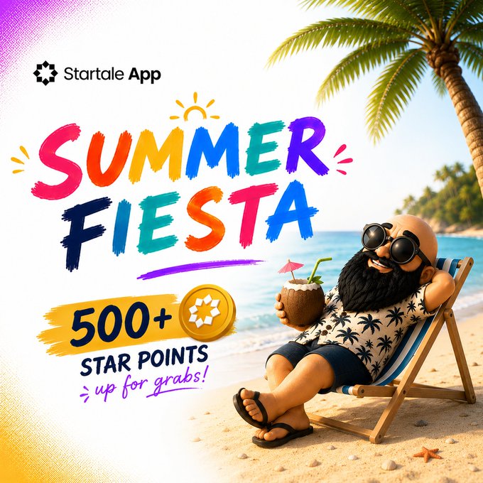 A promotional graphic for the 'Startale App' advertises a 'SUMMER FIESTA' with '500+ STAR POINTS up for grabs!', featuring a 3D-rendered bearded man in sunglasses relaxing on a beach chair with a coconut drink.