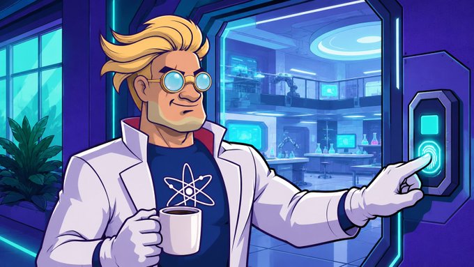 A blonde scientist in a lab coat with an atom-symbol t-shirt presses a glowing button while holding coffee, with a futuristic neon-lit laboratory in the background—visually representing the "let's get experimenting" call to action for fellow researchers.