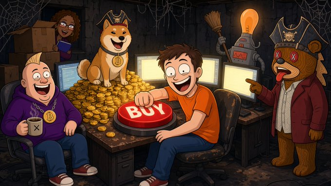 A cartoon illustration depicting a chaotic cryptocurrency trading scene with a man pressing a "BUY" button, a Shiba Inu dog sitting on gold coins, and a bear character wearing a hat.