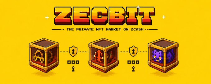 Pixel-art treasure chests labeled "A," "B," and "C" sit beneath the pixelated logo "ZECBIT — THE PRIVATE NFT MARKET ON ZCASH," visually promoting the giveaway of two guaranteed whitelist spots for the ZECBIT NFT collection's freemint on the Zcash ecosystem.