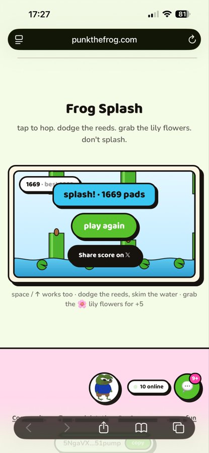 A screenshot of a "Frog Splash" game on punkthefrog.com showing a score of 1669 pads with "play again" and "Share score on X" buttons. The post emphasizes that users should share their scores using the built-in X share button rather than posting screenshots, to verify authenticity for the $PUNK community.