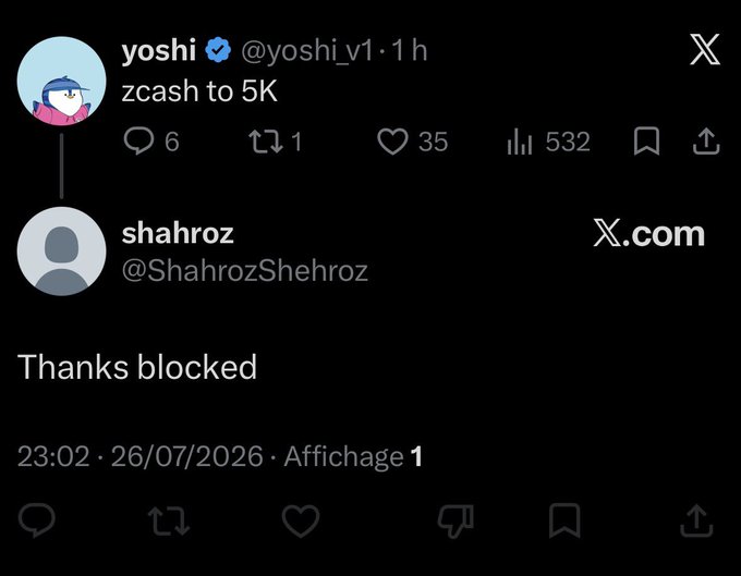 A screenshot of two X posts: one from 'yoshi (@yoshi_v1)' saying 'zcash to 5K', and a quote-retweet by 'shahroz (@ShahrozShehroz)' replying simply 'Thanks blocked'.