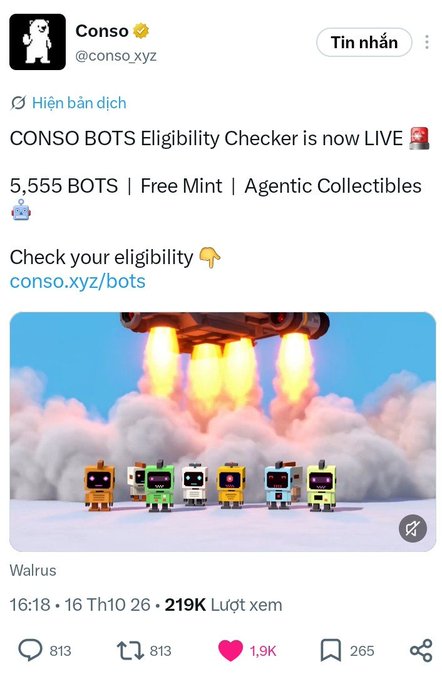 Twitter/X post from 'Conso' (@conso_xyz) announcing that the CONSO BOTS Eligibility Checker is now live, featuring 5,555 BOTS available for free mint, with an image of robot toys and a rocket launch.