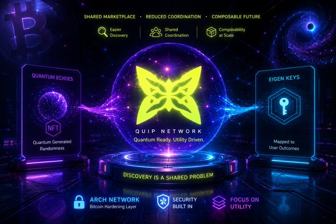 Futuristic digital graphic for 'QUIP NETWORK' with the tagline 'Quantum Ready. Utility Driven.', highlighting features like 'SHARED MARKETPLACE', 'QUANTUM ECHOES NFT', and 'EIGEN KEYS'.