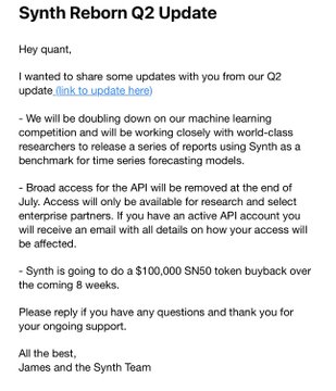The image shows a Q2 update email from the Synth Team (signed by James) titled "Synth Reborn Q2 Update," detailing plans to double down on machine learning research, restrict API access to researchers and select enterprise partners by July, and outlining a $100,000 SN50 token buyback over the next 8 weeks—directly corroborating the three key points highlighted in the accompanying Bittensor ($TAO) post about SN50.