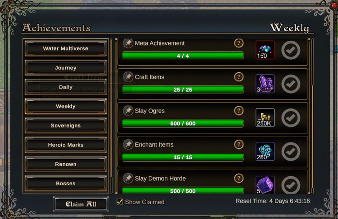 urn of water, sword, shield, and crystal crowns are displayed on a scoreboard for achievements in a video game.