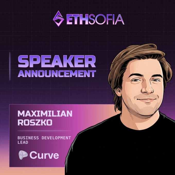 A digital speaker announcement graphic for 'ETH Sofia' featuring an illustrated portrait of Maximilian Roszko, Business Development Lead at Curve.
