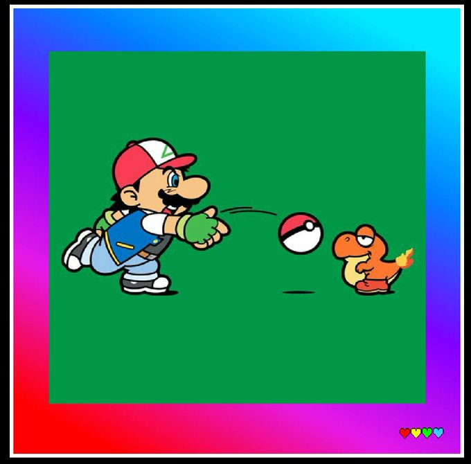 The image shows a fan-art mashup of Pokémon and Nintendo characters, where Ash Ketchum is depicted throwing a Pokéball at a hesitant Charmander, set against a green background with a colorful rainbow border and heart icons in the corner. This captures the essence of the caption about crypto—relating to the "friends" (or in this case, Pokémon/partners) we choose to catch and stick with through the volatile journey, as we hope our investments pay off in the end.