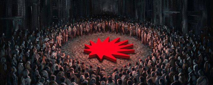 A large crowd gathers in a dark, cavernous hall, encircling a glowing red starburst symbol on the stone floor, evoking themes of collective scrutiny and pivotal change. The image visually mirrors the post's announcement of a major restructuring for $DOT, suggesting a significant shift that the community is observing or deliberating upon.