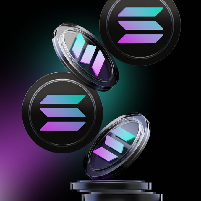 Four glowing 3D coins featuring the Solana logo in iridescent purple-to-teal gradients float against a dark background, visually promoting the giveaway of $50 in SOL to anyone who shares their Solana wallet address.