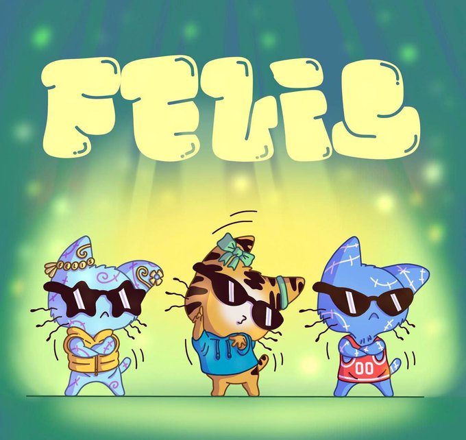 Three cool cartoon cats wearing sunglasses pose under glowing lights below the bold yellow "FELIS" logo, promoting the Felis NFT mint event scheduled for August 2026 with phased GTD, WL, and public minting times in UTC.