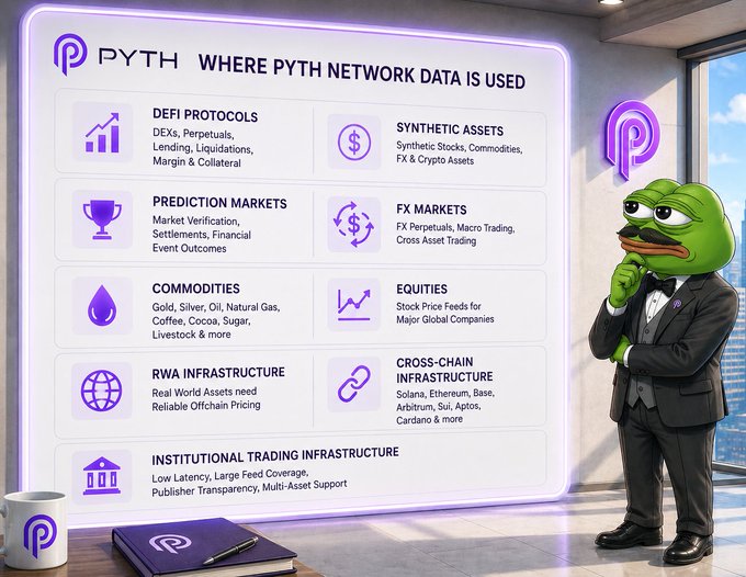 urn of gold and blue liquid, a green frog with a mustache, and a purple banner reading "Pyth" are featured on a white wall.