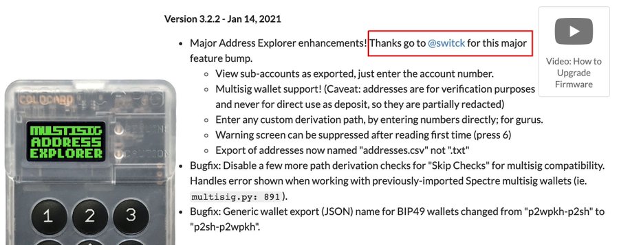 A release notes screenshot showing Coldcard firmware Version 3.2.2 (Jan 14, 2021) with a red box highlighting "Thanks go to @switck for this major feature dump," related to the Multisig Address Explorer. The post questions why a contributor wasn't hosted in Coinkite's official GitHub organization and used an alternate pseudonym instead of their main account.