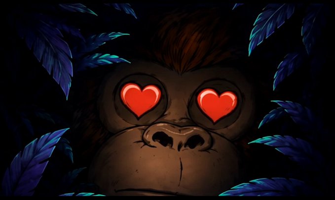 A stylized digital illustration depicts a gorilla's face with glowing red heart-shaped eyes, surrounded by dark blue feathers in a shadowy setting.