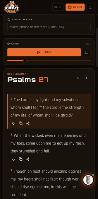 A screenshot of the 'Rugged Beliefs' app displaying 'Psalms 27' from the Old Testament, featuring an audio listening interface and scripture text on a dark background.