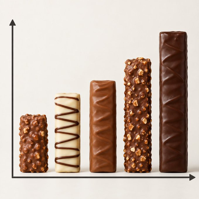 A bar chart visualizes an upward trend using five different types of chocolate bars increasing in size from left to right.