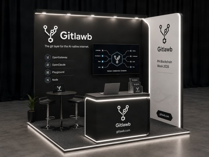 The image features a black booth at an event, with a large TV screen displaying information about the GitLawB company. The booth has several chairs arranged around a small dining table. There are two potted plants placed near the booth's entrance, adding greenery and creating a welcoming atmosphere for attendees to explore and gather more information about the business.