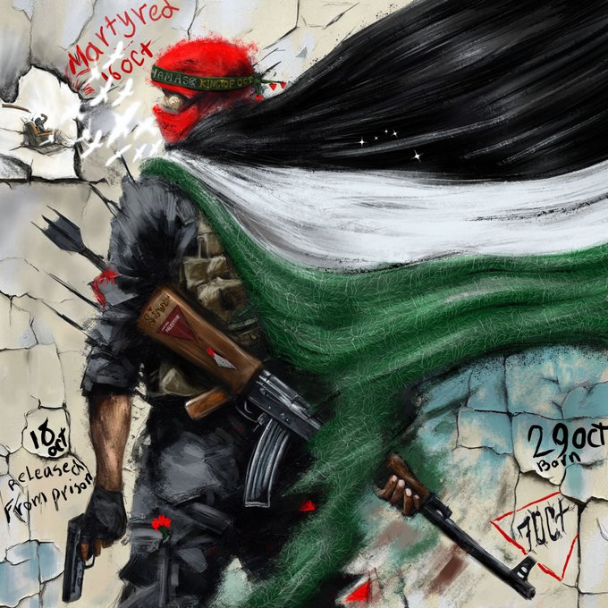 A gritty digital painting depicts a figure in tactical gear wearing a red head covering labeled 'Palestine' and a flowing green, white, and black flag cape, holding an AK-47 and a handgun amid a crumbling wall with dates '16 Oct' and '29 Oct' and the text 'Martyred' and 'Released from prison'.