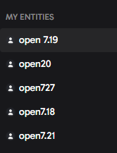 The screenshot shows a dark-themed interface labeled "MY ENTITIES" listing five associated addresses tagged with "open" and a number (7:19, 20, 7:27, 7:18, and 7:21). The image illustrates the cluster of related wallet addresses referenced in the discussion about coordinated on-chain transfers and position adjustments for the $open token.