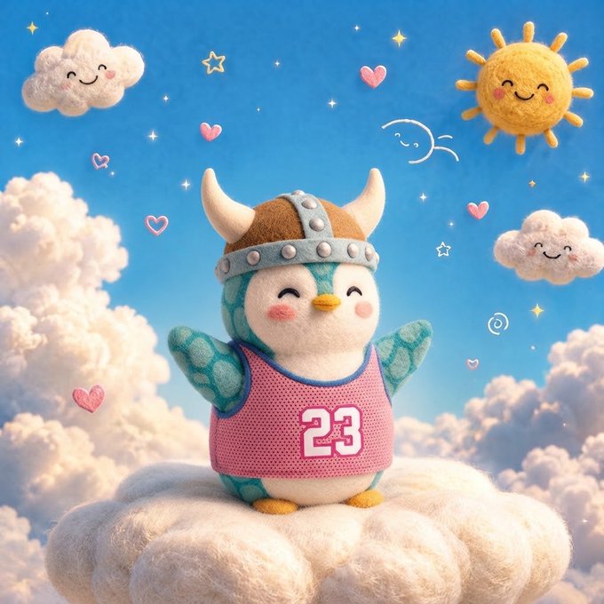 A cute, plush-like mascot character wearing a viking helmet and a pink basketball jersey with the number '23', standing happily on a cloud with smiling suns and clouds in a starry sky.