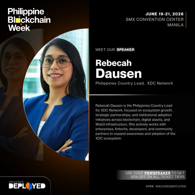 The image features a woman wearing glasses standing against a black background with her arms crossed. The text "Philippine Blockchain Week" is written above her head, indicating that she is attending an event related to blockchain technology. The image also includes a code for accessing additional information about the event or purchasing tickets.