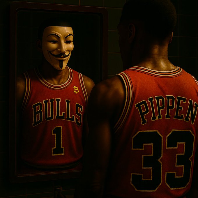 A basketball player wearing a red "PIPPEN 33" jersey stands before a mirror, revealing his reflection in a "BULLS 1" jersey with a V for Vendetta mask—evoking the post's theme of hidden identities and the "3301" Cicada puzzle, where Player 1 plays the game in disguise.