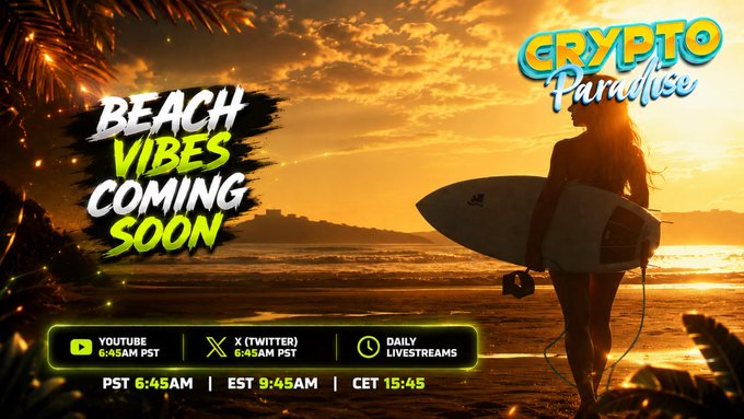 A promotional graphic titled "CRYPTO Paradise" features a silhouetted surfer carrying a board against a golden sunset beach scene, with bold text reading "BEACH VIBES COMING SOON." The image ties into the post's teaser about bringing surf-themed excitement to Robinhood Crypto, displaying livestream times (YouTube 6:45AM PST, X/Twitter 9:45AM EST, CET 15:45) to encourage followers to tune in for the launch announcement.