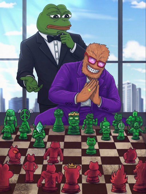 An illustrated scene featuring a Pepe the Frog character in a tuxedo standing behind a smiling man with a beard and purple sunglasses, who is posing over a chessboard with frog and demon-themed chess pieces, set against a city skyline.
