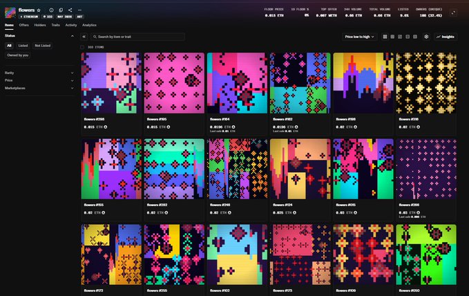 The image shows a computer screen displaying a collection of colorful digital art pieces, including various patterns and designs. The artwork consists of different shapes and colors that create an interesting visual experience for viewers. The post also mentions "easy x5 delicious breakfast #NFT #ETH #flowers", which could be related to the artist or the content displayed on the screen.