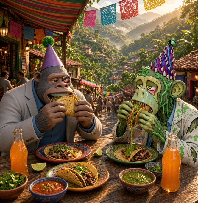 A vibrant, AI-generated illustration of a gorilla and a zombie-like monkey wearing party hats, eating tacos and drinking orange soda at a colorful outdoor street festival.