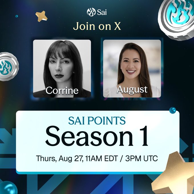 A 'Sai' (SAI) promotional graphic announcing 'Join on X' with hosts Corrine and August for 'SAI POINTS Season 1' on Thursday, Aug 27, 11AM EDT / 3PM UTC.