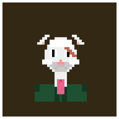 A pixel art image shows a white rabbit-like character with a brown patch over one eye, wearing a green jacket and pink scarf against a dark brown background.