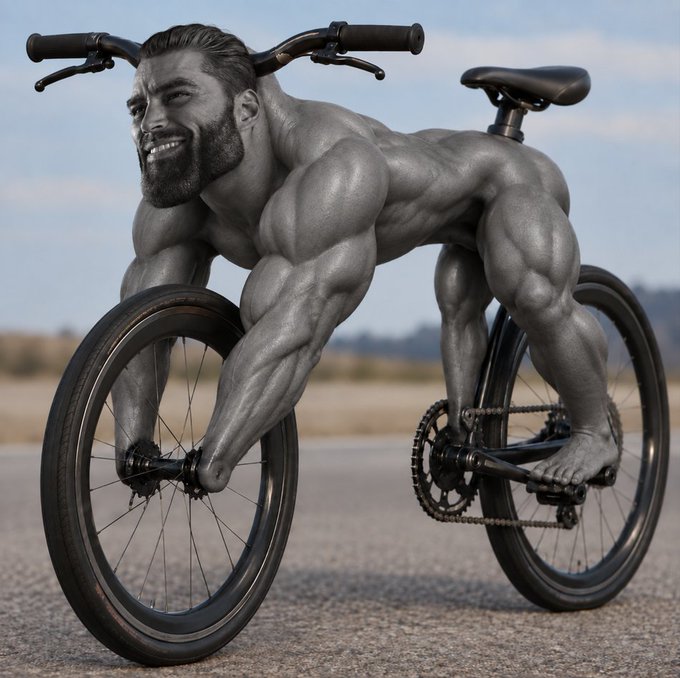 A muscular bearded man rides a black bicycle along a road, shown in an exaggerated, hyper-defined artistic style.